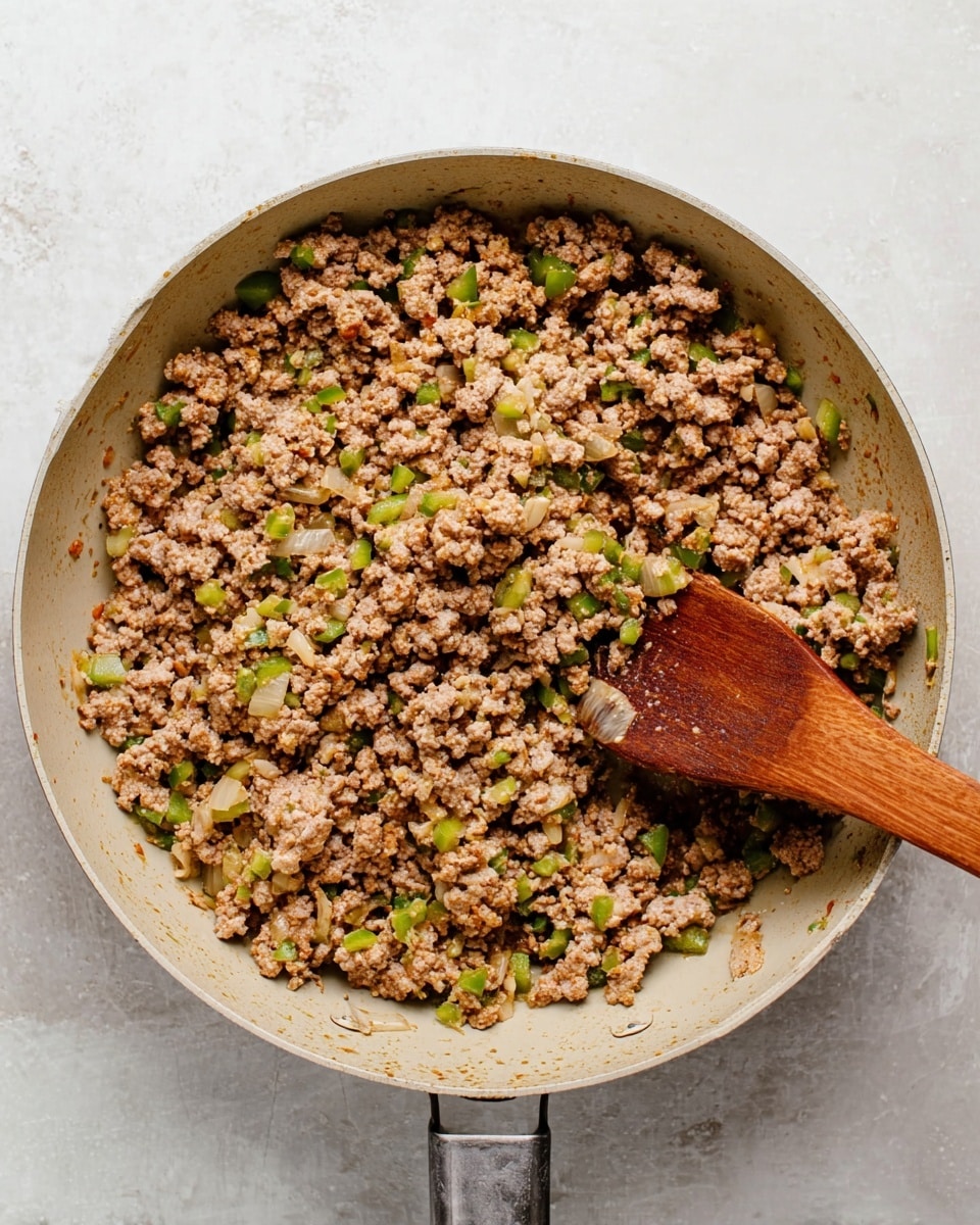 A light beige pan filled with cooked ground meat mixed with small pieces of onion and green peppers, showing a crumbly texture and uneven layer across the pan. A wooden spoon rests inside the pan, with some onions stuck on it. The background is a white marbled surface. photo taken with an iphone --ar 4:5 --v 7