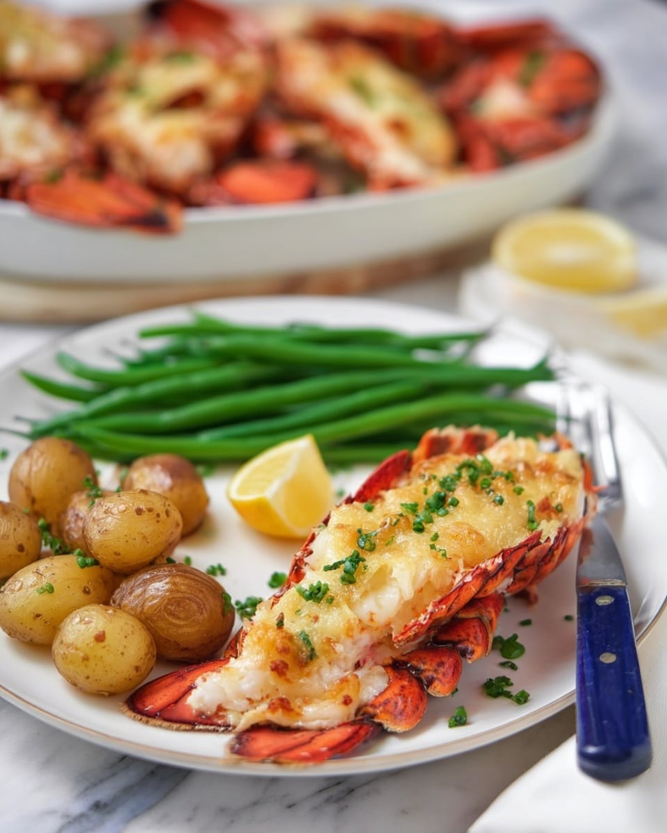The image shows a white plate on a white marbled surface, holding a meal with three main parts. On the right, there is a split lobster tail with a bright red shell and creamy white cooked meat covered in a golden melted cheese topping, sprinkled with small green herb pieces. In the center, a group of small round golden-brown roasted potatoes with a slightly crispy texture sits next to the lobster. On the left side of the plate, long, fresh green beans are neatly stacked with a smooth and vibrant green color. A small slice of lemon is placed near the lobster tail. In the background, slightly out of focus, there is a large white dish filled with more lobster tails on the white marbled surface. A blue-handled fork is resting on the plate next to the lobster tail. photo taken with an iphone --ar 4:5 --v 7