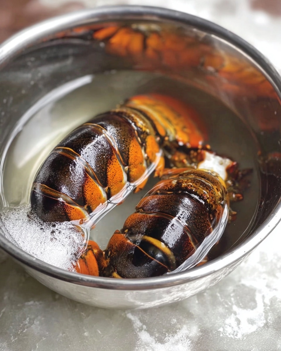 A close-up view shows two lobster tails with dark orange and black shells partially submerged in clear water inside a shiny silver metal bowl. The lobster shells have smooth, segmented lines and a glossy surface reflecting light. The background is a white marbled texture that softly blurs out in the distance. Photo taken with an iphone --ar 4:5 --v 7