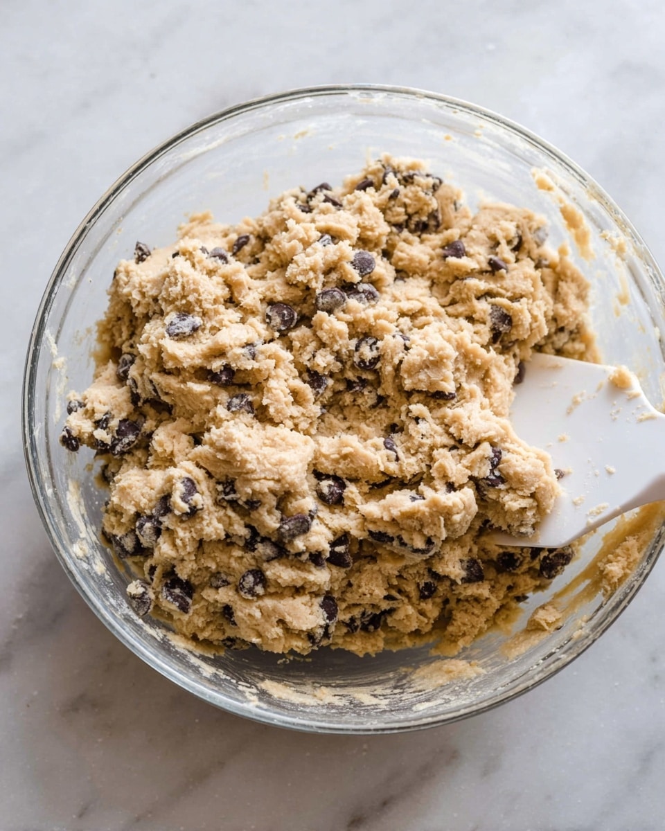 A clear glass bowl sits on a white marbled surface, filled with thick, lumpy cookie dough that is light tan in color with dark brown chocolate chips scattered throughout. The dough texture is rough and mixed evenly, and a white spatula is partially visible on the right side of the bowl, slightly covered in dough. The scene shows the dough ready for baking. Photo taken with an iphone --ar 4:5 --v 7
