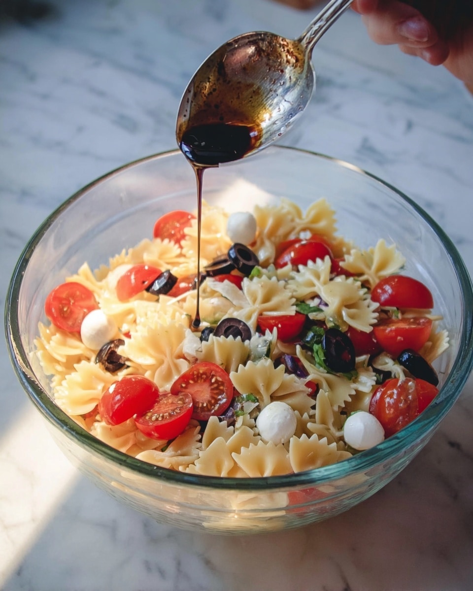 A clear glass bowl filled with a colorful pasta salad, featuring a base layer of pale yellow farfalle pasta. Mixed throughout are bright red cherry tomato halves, smooth black olive slices, and small white mozzarella balls. A spoon is placed inside the bowl, and above it, a woman's hand is holding a silver spoon pouring a dark brown dressing over the salad. The bowl rests on a white marbled surface, with soft natural light highlighting the fresh ingredients. photo taken with an iphone --ar 4:5 --v 7