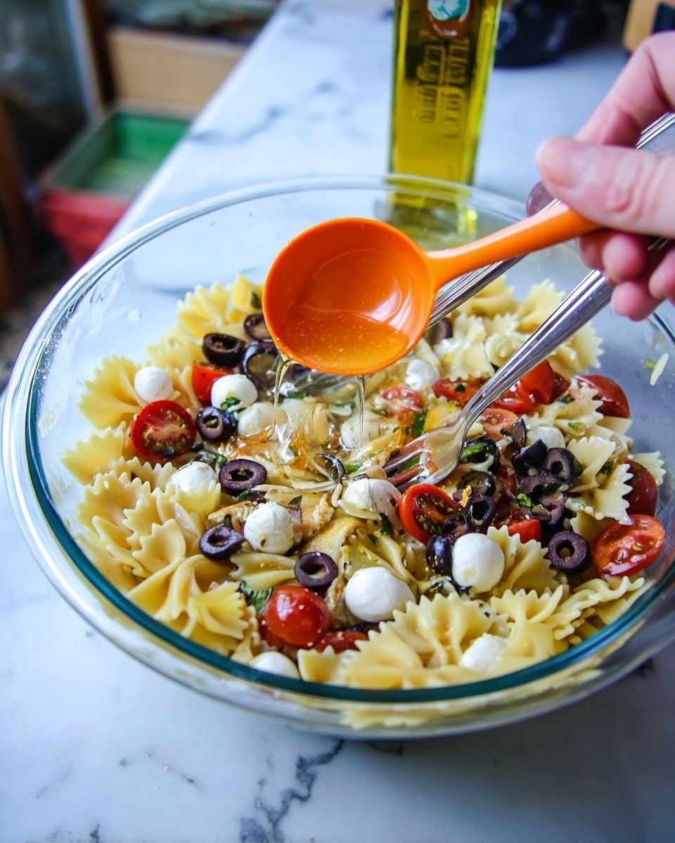 A clear glass bowl filled with three layers of salad: the bottom layer has yellow bowtie pasta with a smooth texture, the middle layer is mixed with black olives and halved cherry tomatoes showing a shiny red and black color, and the top layer has small white mozzarella balls scattered throughout, all lightly covered by a drizzle of golden olive oil from an orange measuring spoon held by a woman's hand. A silver fork stirs the salad in the bowl, which sits on a white marbled surface with a blurred bottle of olive oil in the background. photo taken with an iphone --ar 4:5 --v 7