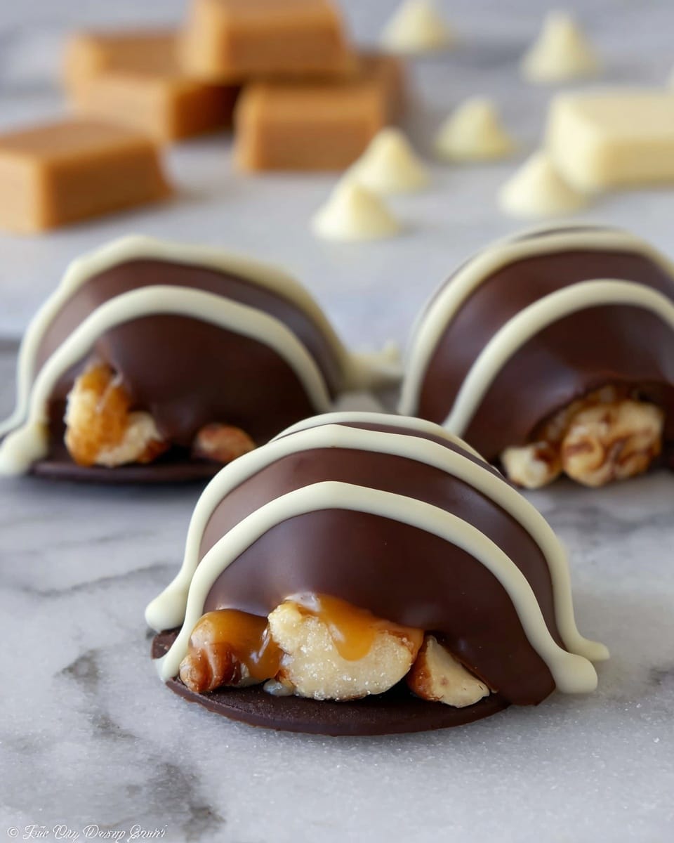 The image shows three pieces of a snack on a white marbled surface. Each piece has a round, flat base of dark chocolate. On top of the base, there are light brown nuts and a small amount of caramel that is visible, adding texture and color contrast. The top of each snack is covered with a smooth layer of dark chocolate forming a soft dome shape. White chocolate is drizzled in three thin stripes diagonally across each piece. In the background, there are light brown caramel squares and a few white chocolate chips, slightly blurred. photo taken with an iphone --ar 4:5 --v 7