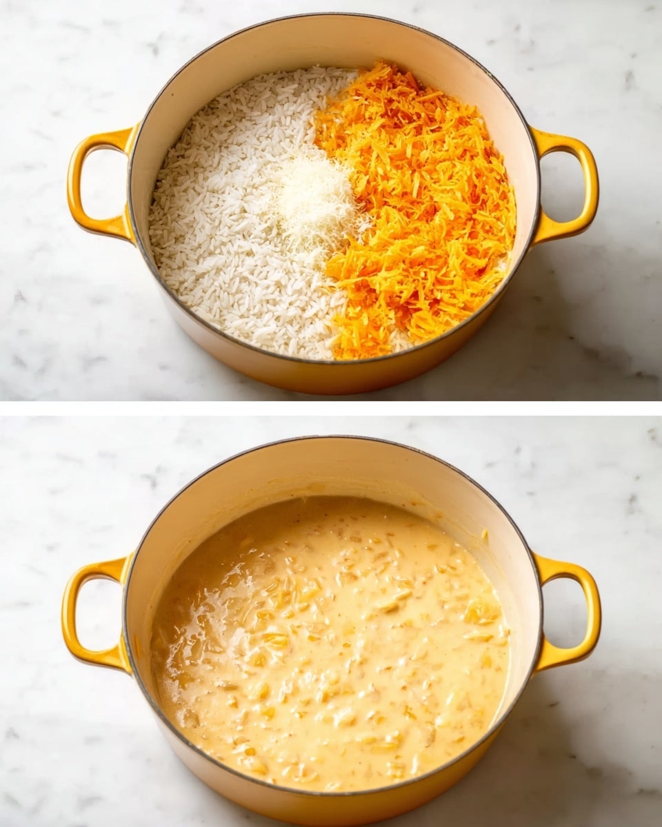 A yellow cooking pot sits on a white marbled surface. In the first photo, the pot contains three layers: the bottom layer is white rice partly covered with a creamy white liquid; the top right layer shows a pile of finely chopped orange vegetables; and the top left layer has a mound of grated white cheese. In the second photo, the ingredients have been stirred together, forming a thick, creamy, smooth mixture in light orange color with a few rice grains visible through it inside the pot. Photo taken with an iphone --ar 4:5 --v 7