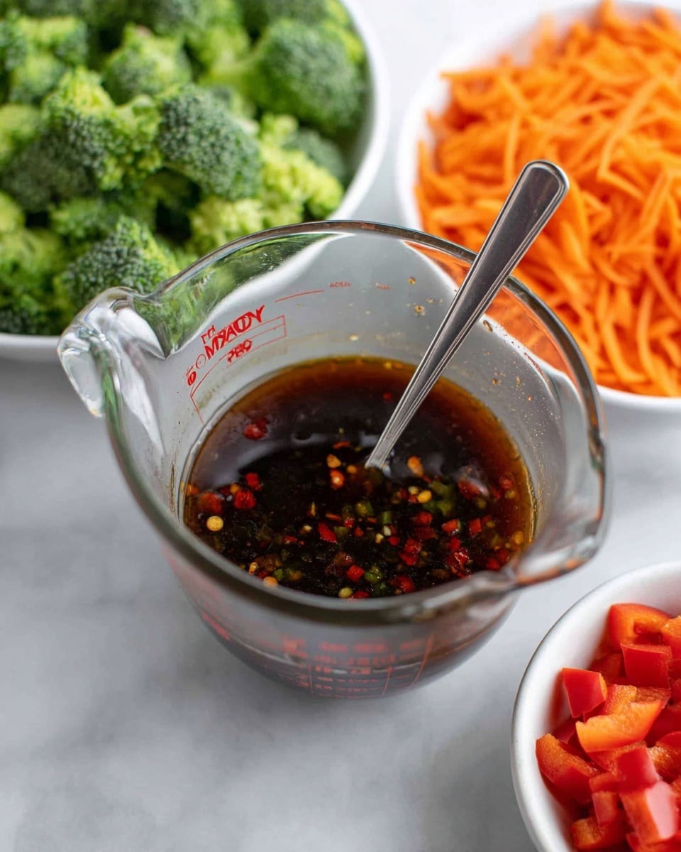 The image shows a clear glass measuring cup filled with a dark brown sauce that has red chili flakes floating in it. A silver spoon rests inside the sauce, partially submerged. Behind the cup are three white plates filled with fresh chopped vegetables: bright green broccoli florets on the left plate, orange shredded carrots on the top right, and small red bell pepper pieces on the bottom right. All items sit on a white marbled surface. Photo taken with an iphone --ar 4:5 --v 7