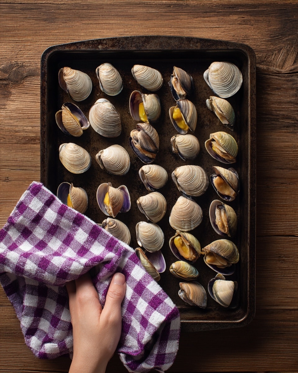 The image shows a black baking tray filled with a single layer of clams with brown and cream shells arranged evenly across the tray, placed on a wooden board with a natural wood color. In front of the tray, a person's hand is holding a clam wrapped in a purple and white checkered cloth, with the clam's shell slightly open showing a yellow inside edge. The wood surface under the baking tray and the background is visible with a warm wooden texture. photo taken with an iphone --ar 4:5 --v 7