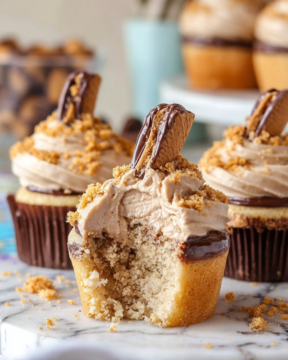 The image shows three cupcakes placed on a white marbled surface, with the front cupcake partially eaten revealing a soft, light brown crumb inside. Each cupcake has three distinct layers: the base is a light brown cake, followed by a thick, swirled layer of light brown frosting with small crushed bits sprinkled over it. On top of the frosting is a piece of chocolate-covered wafer candy cut in half, standing upright. The cupcakes are decorated with a shiny, dark chocolate spread just below the frosting. The background is softly blurred, showing a glass bowl with similar candy pieces and a white container. Photo taken with an iphone --ar 4:5 --v 7