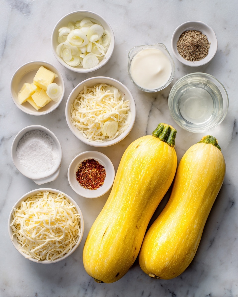 Two whole yellow squash with green tops sit in the center on a white marbled surface, surrounded by small white bowls holding various ingredients: grated mozzarella cheese with a pale yellow color, finely shredded parmesan cheese with a light creamy color, thinly sliced white onion, minced light yellow garlic, solid pale yellow butter, and a cup of white heavy cream. Additionally, there are small clear bowls with white salt, red paprika, black pepper, and a shallow white bowl with clear water. Each item is neatly arranged around the yellow squash, creating a clean and organized layout. Photo taken with an iphone --ar 4:5 --v 7