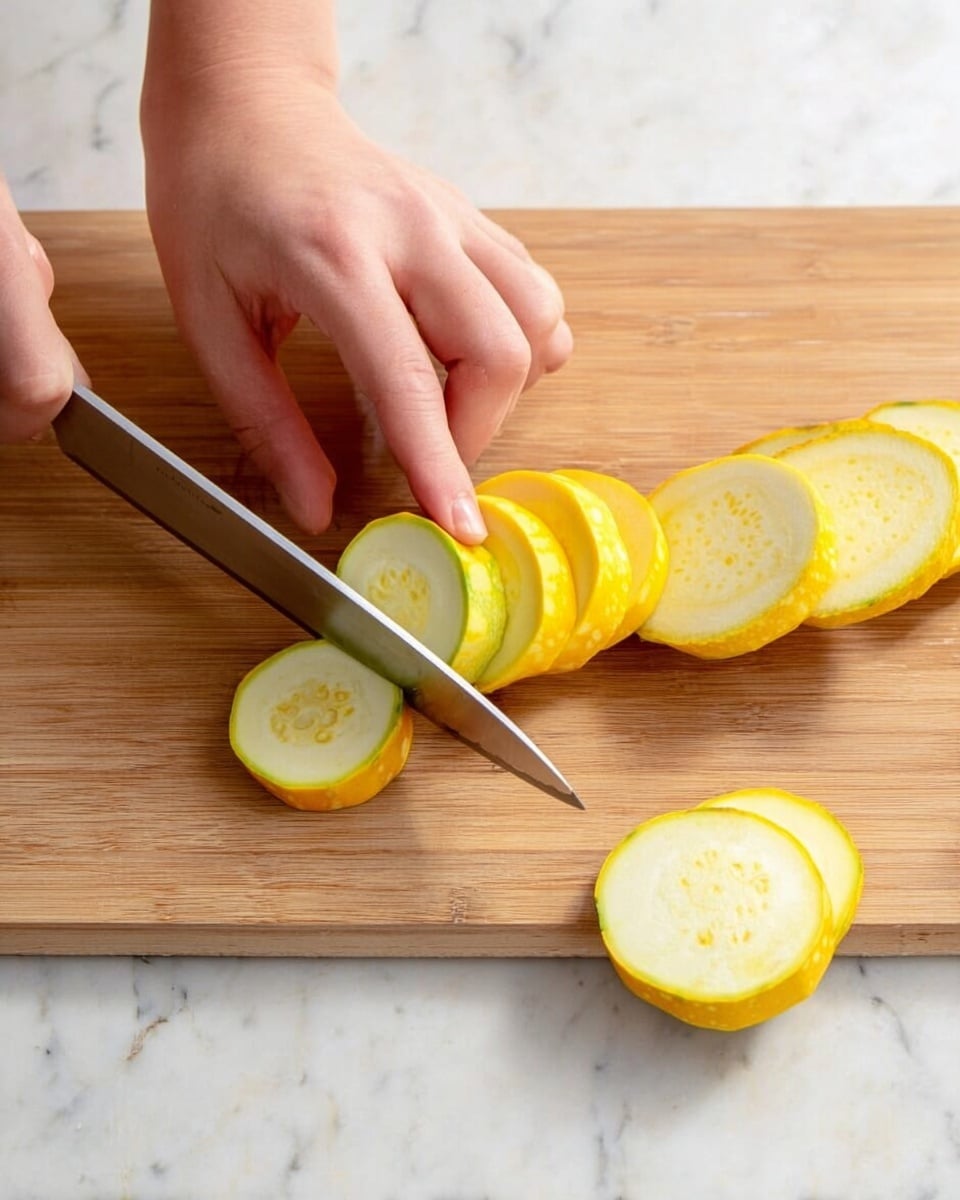 A woman's hand is holding a yellow squash while slicing it into round pieces on a wooden cutting board placed on a white marbled surface. The squash slices are yellow on the outside with a pale green center and light seeds visible. The woman's other hand holds a large silver knife slicing through the squash carefully. Several slices are laid out in a short line on the cutting board, and one slice is placed off to the right on the white marbled surface. The scene is bright and clear, showing the simple action of slicing fresh yellow squash. photo taken with an iphone --ar 4:5 --v 7