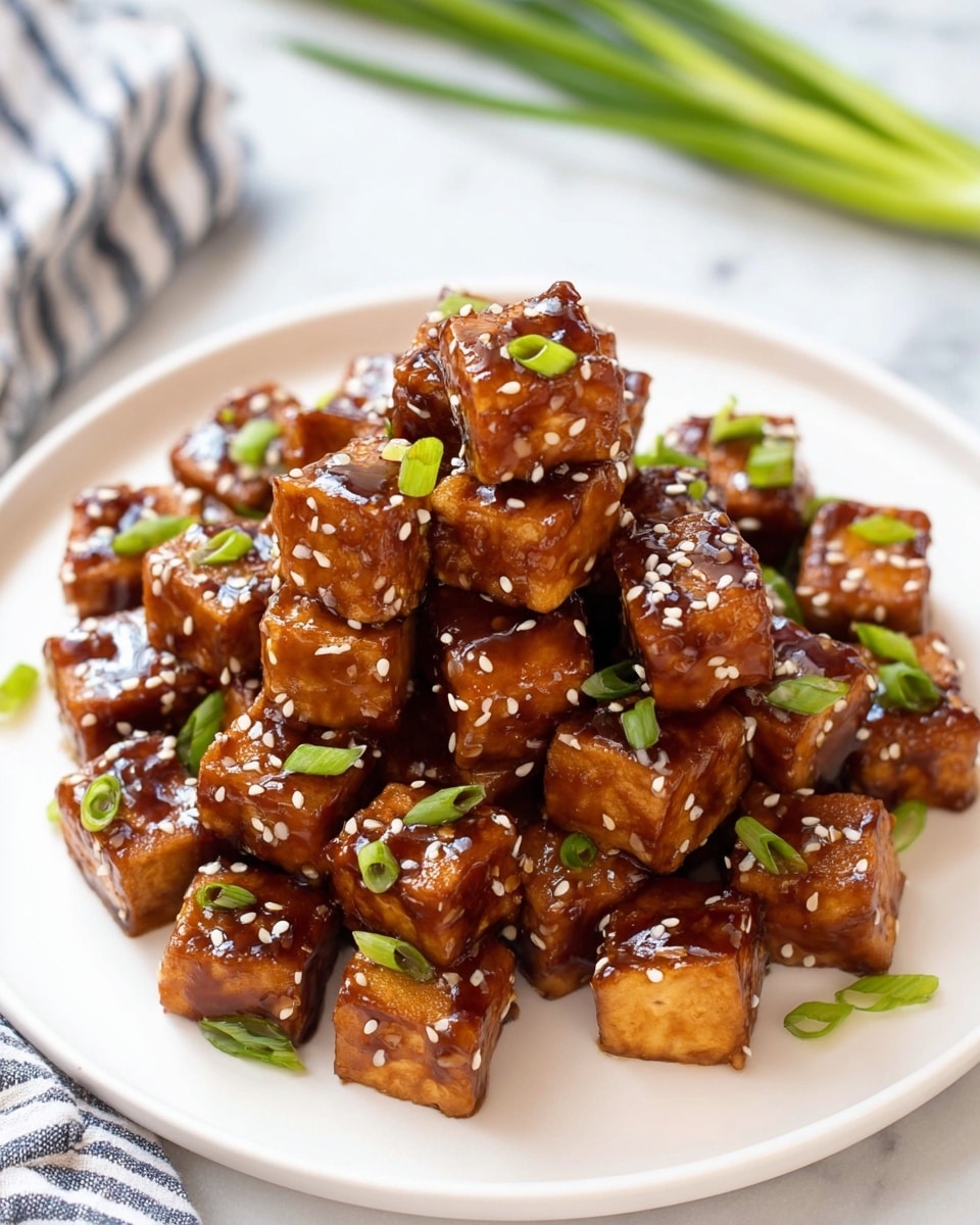 A white plate filled with many small square tofu pieces covered in a shiny, rich brown sauce. Each piece is sprinkled with white sesame seeds and small round slices of green onion, adding a fresh green touch. The tofu cubes are stacked loosely in a pile on the plate. The background shows a white marbled surface with some green onions and a striped cloth napkin nearby. photo taken with an iphone --ar 4:5 --v 7