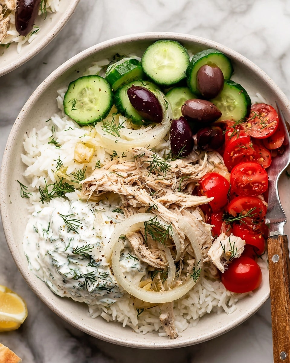 The dish is served in a white bowl filled with a base layer of white rice. On top of the rice, shredded light beige chicken is placed in the center with thin, cooked translucent onion slices scattered over and around it. To one side, fresh green cucumber slices with dark skin are arranged next to glossy dark purple olives. Bright red chopped tomatoes with small green dill sprigs are next to the olives. A dollop of creamy white sauce with specks of green herbs and black pepper sits near the chicken. The ingredients are sprinkled with more small green dill leaves, and there is a wooden-handled knife resting inside the bowl. The bowl is placed on a white marbled surface. Photo taken with an iphone --ar 4:5 --v 7