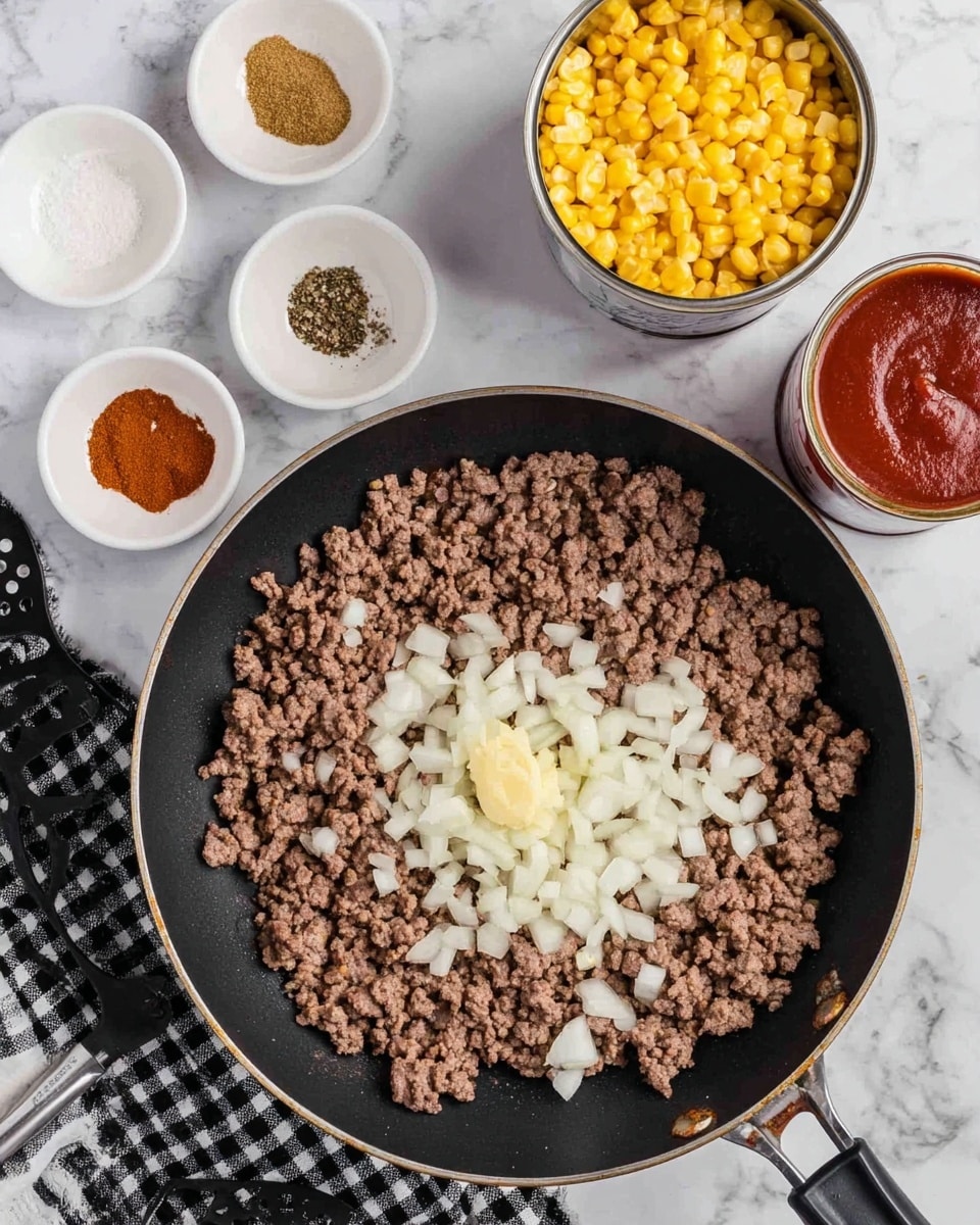 A large black frying pan with cooked ground meat spreads across the surface, topped with a pile of chopped white onions and a small dollop of minced garlic in the center. Around the pan, there are four small white dishes, each holding a different ground spice: light brown cumin, deep red chili powder, white salt, and black pepper. To the right, an open white can filled with yellow corn kernels and another open white can with a rich red sauce sit on a white marbled surface. A black and white checkered cloth is partially visible below the pan handle, and a black slotted spatula lies nearby. Photo taken with an iphone --ar 4:5 --v 7