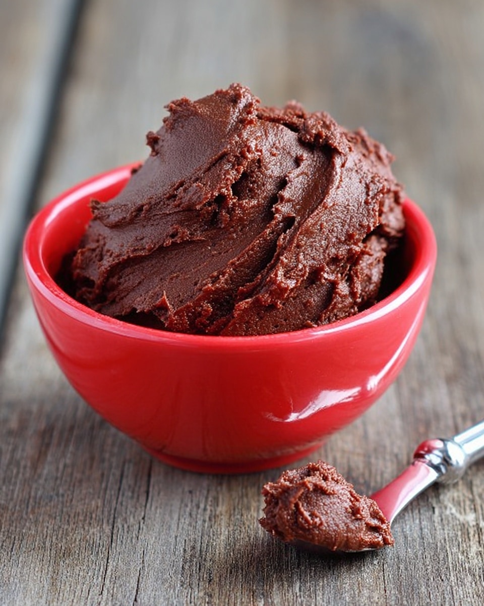 A bright red small bowl filled with one big scoop of thick, dark brown chocolate spread, showing a smooth yet textured surface with some rough edges. Next to it on the right is a close-up of a silver knife that has a small amount of the chocolate spread on its tip. Both items sit on a rough wooden surface that is visible in the background. photo taken with an iphone --ar 4:5 --v 7
