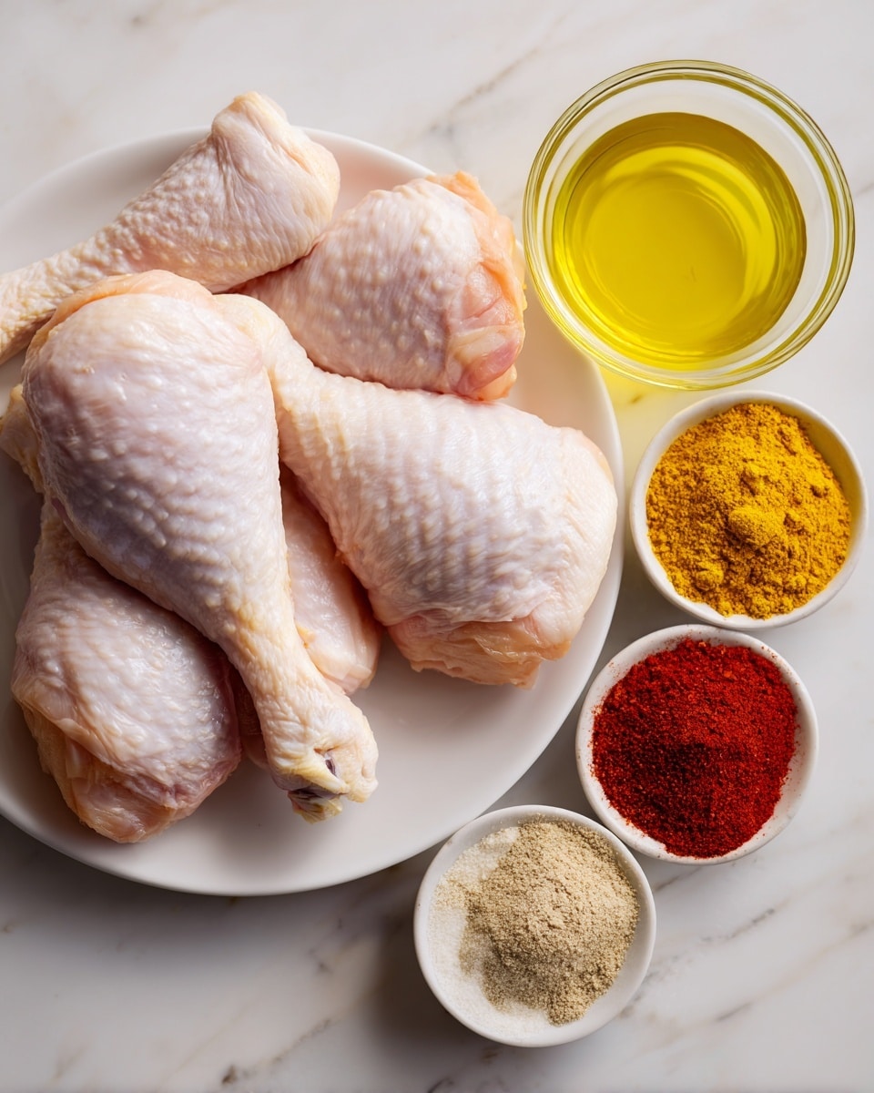 The image shows four raw chicken drumsticks placed on a white plate, arranged with two drumsticks at the bottom and two on top, showing the light pink and pale yellow skin texture clearly. To the right, there is a small clear glass bowl filled with bright yellow olive oil, and below it, a white bowl holding seven different spices in small piles: bright red, pale yellow, light brown, white, and dark brown powders, all separated but close together. The background features a white marbled texture. photo taken with an iphone --ar 4:5 --v 7