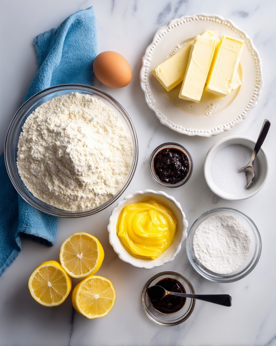 The image shows ingredients for baking arranged neatly on a white marbled surface. In the center, there is a large clear glass bowl filled with white flour, with a small mound on top. To the top right, two sticks of pale yellow butter lie on a white plate with a raised dotted edge. Above the flour bowl, a small white bowl holds bright yellow lemon curd with a black spoon inside. To the bottom right of the flour, a clear glass bowl has white sugar piled inside. Above the sugar, a tiny clear bowl holds dark brown vanilla bean paste. To the right of the flour, a small metallic bowl contains salt. To the left of the flour, a brown egg lies on the surface, and above it, a small clear bowl holds white cornstarch. At the bottom left, a white bowl contains two bright yellow lemon halves and one lemon cut in half, showing the shiny juicy inside. A blue cloth napkin is placed near the lemons. photo taken with an iphone --ar 4:5 --v 7
