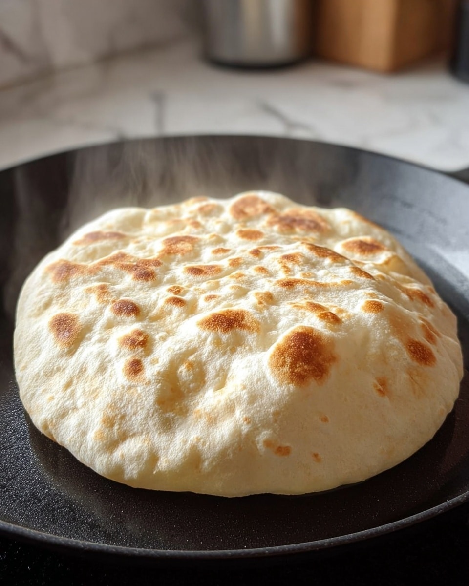 A single round, puffed-up flatbread with a pale cream color and light brown toasted spots on its surface is shown on a black pan. The bread has a soft, bubbly texture with small, raised air pockets giving it a cloud-like appearance. Thin steam rises gently from the warm bread, indicating it is freshly cooked. The background is a white marbled texture with some kitchen items softly blurred. photo taken with an iphone --ar 4:5 --v 7