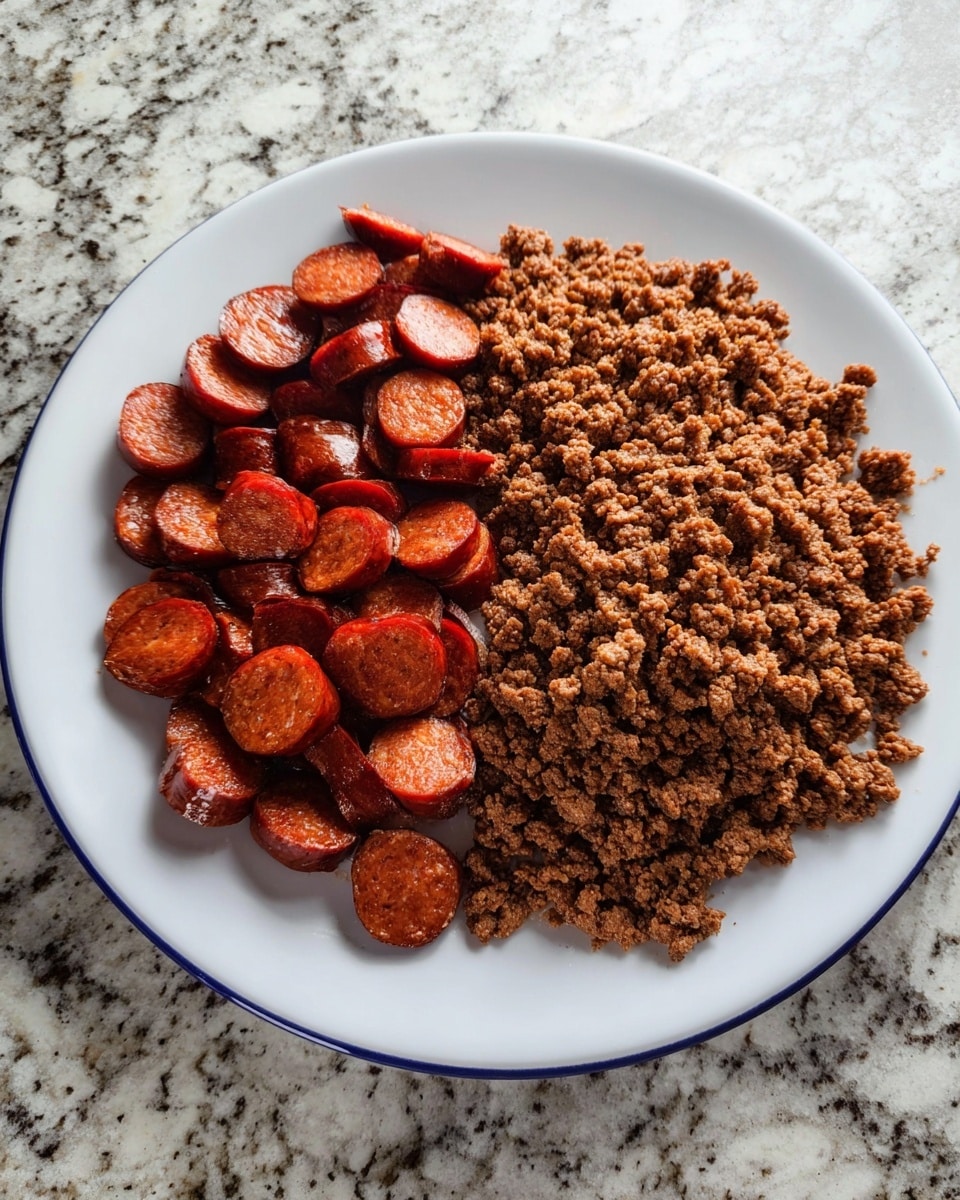 A white plate is filled with two main layers of food: on the left side, there are small, shiny slices of cooked sausage that are dark reddish-brown and round with a slightly glossy texture, while on the right side, there is a large pile of finely ground meat that is brown and crumbly, covering about half the plate. The plate sits on a white marbled surface. Photo taken with an iphone --ar 4:5 --v 7
