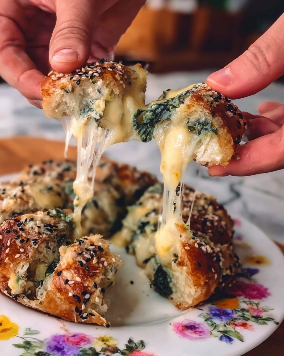 A close-up view of two pieces of a round, golden-brown bread stuffed with melted cheese and green leafy vegetables being pulled apart by two woman's hands, showing long stretchy cheese strands between them. The bread is topped with white and black sesame seeds, and some spinach leaves peek through the torn edges. In the background, the rest of the torn bread pieces sit on a white plate decorated with colorful flowers, placed on a white marbled surface. photo taken with an iphone --ar 4:5 --v 7