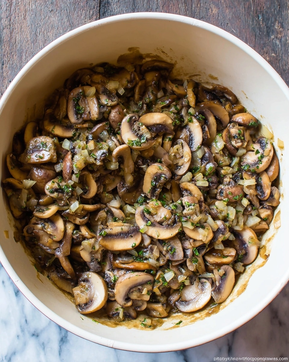 A deep white bowl filled with a cooked mushroom mixture showing about three layers: the bottom layer is a light brown sauce, the middle layer consists of chopped cooked onions and small green herbs, and the top layer is full of sliced and whole cooked mushrooms in shades of light beige to brown with a tender texture, all mixed together. The bowl is on a white marbled surface. photo taken with an iphone --ar 4:5 --v 7