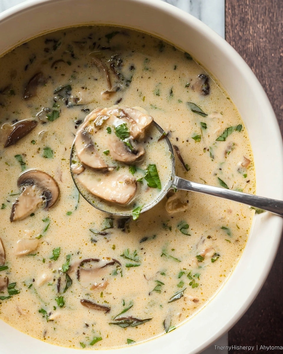 A close-up view of creamy soup inside a white bowl, showing two main layers: a thick, light beige liquid base with small bits of herbs and green leaves scattered throughout, and large pieces of light brown and beige mushrooms floating on top and in a silver ladle dipping into the bowl from the right side. The soup has a smooth texture with visible small herb flecks and green leaves, while the mushrooms display a soft and tender appearance. The bowl is set on a white marbled surface, and steam rises gently from the hot soup, making it look warm and comforting. photo taken with an iphone --ar 4:5 --v 7