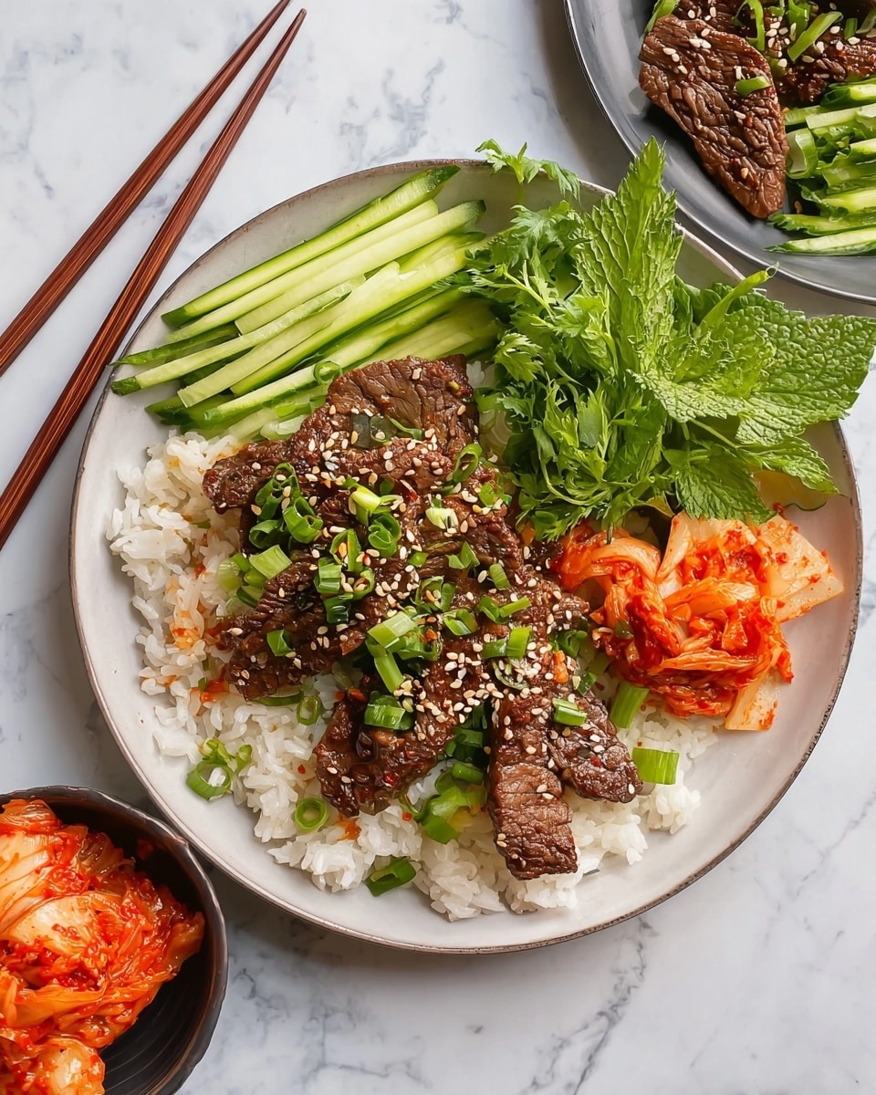 The dish shows a white plate with three main layers: at the bottom is a bed of white rice, topped with several strips of cooked brown meat sprinkled with light brown sesame seeds and chopped green onions. To one side, there are long cucumber sticks in a pale green color, and next to them are bright green large leafy herbs. On the bottom part of the plate, there is a small portion of bright orange kimchi with visible texture. Resting on the edge of the plate are two brown wooden chopsticks, and the plate sits on a white marbled surface. photo taken with an iphone --ar 4:5 --v 7