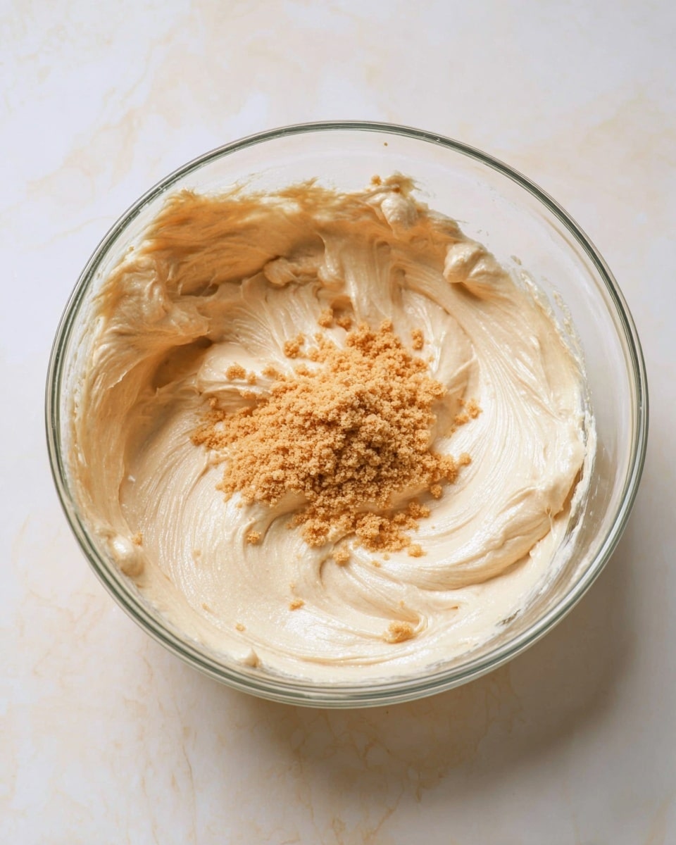 A clear glass bowl sits on a white marbled surface, filled with a creamy, thick, pale beige mixture that looks smooth and soft. On top of the creamy layer, near the center, is a small pile of light brown, crumbly powder. The mixture inside the bowl shows swirled textures, with some parts rising up on the sides, giving a sense of movement. The overall look is simple and fresh. photo taken with an iphone --ar 4:5 --v 7