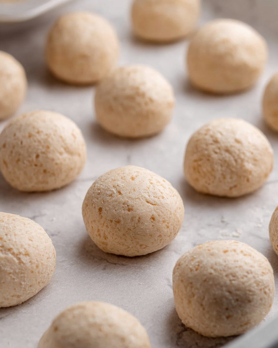 The image shows a close-up of many small round dough balls evenly spaced on a white parchment-lined baking tray. Each dough ball has a pale beige color with a slightly rough texture and tiny air pockets visible on the surface. The background is a white marbled texture, giving a clean and simple look. The dough balls appear soft and ready to bake, with natural light highlighting their smooth round shape and subtle surface details. photo taken with an iphone --ar 4:5 --v 7