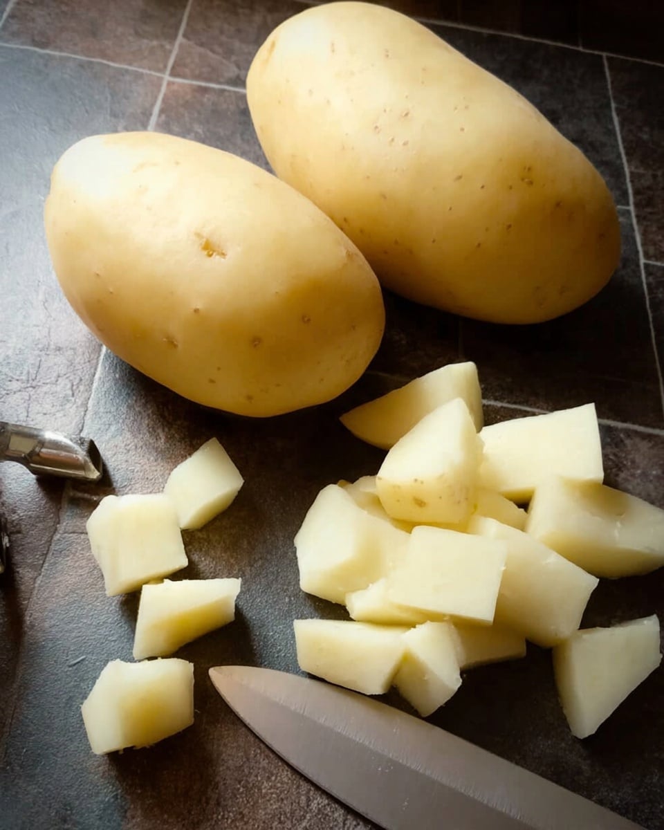 The image shows two whole peeled potatoes with smooth, pale yellow skin placed on a table with a dark, tiled surface. Next to them are several potato pieces, some cut into small cubes while others are irregular chunks. There is a silver vegetable peeler lying near the potatoes on the table. The overall look is simple and clean, focusing on the peeled and chopped potatoes ready for cooking photo taken with an iphone --ar 4:5 --v 7