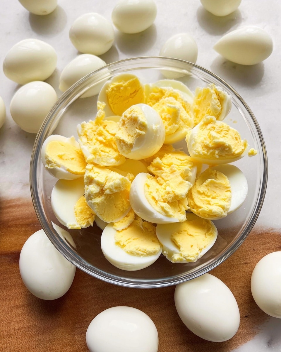 A clear glass bowl placed on a white marbled surface holds about fifteen hard-cooked egg yolks, each yolk split or broken into halves and quarters showing a crumbly light yellow texture with some deeper yellow areas inside. Around the bowl are many empty white egg halves with smooth, clean shells, facing up to show their rounded concave shape. The photo is bright with soft natural light highlighting the smoothness of the eggshell halves and the rough texture of the yolks. photo taken with an iphone --ar 4:5 --v 7