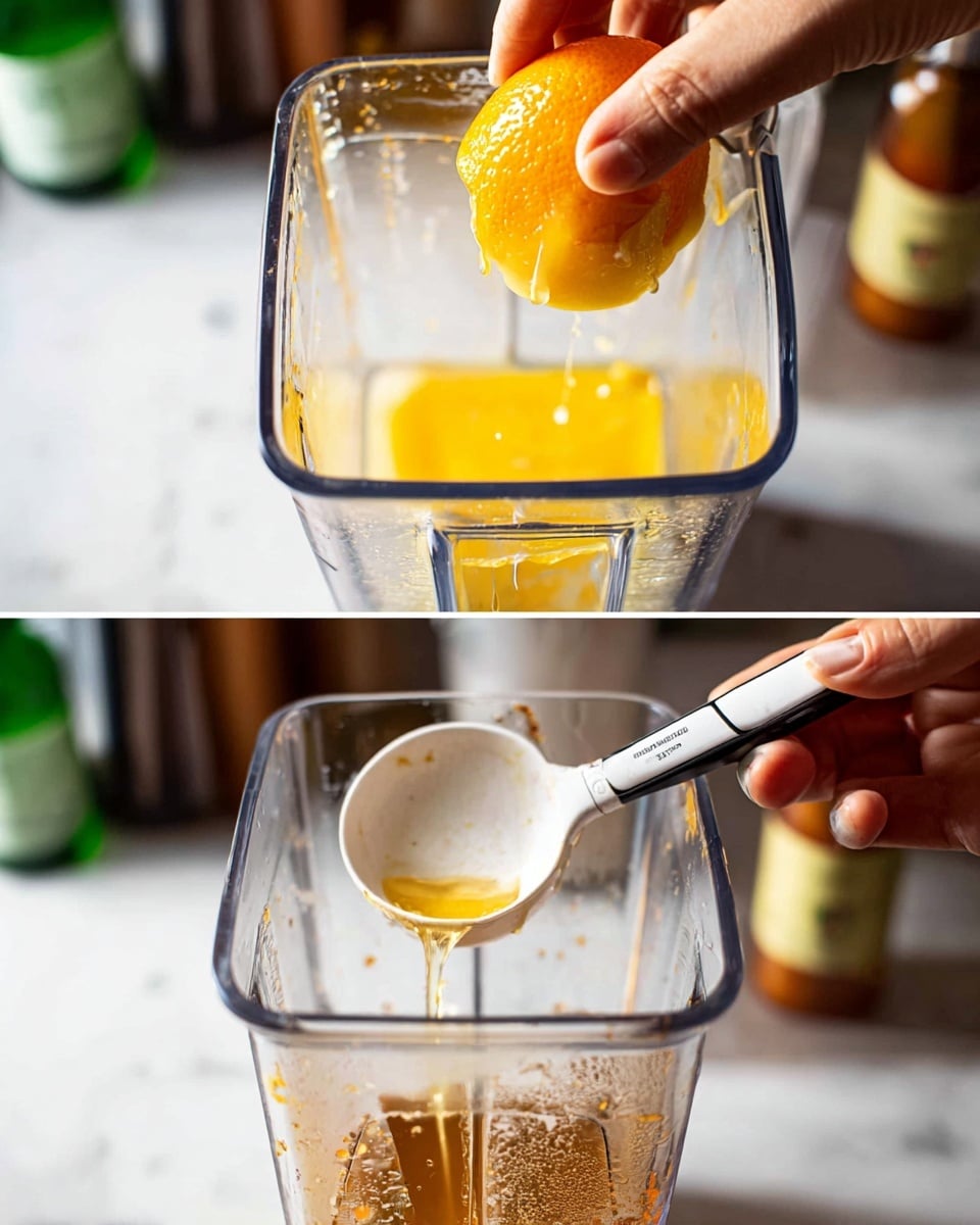 The image shows two close-up views of a clear blender container. In the top part, a woman's hand is squeezing a bright yellow-orange citrus fruit, with juice dripping inside the blender, which has some brown residue on its walls. In the bottom part, a woman's hand holds a white and black measuring spoon pouring a thick golden liquid into the blender from above. The background is a white marbled texture with some blurred green and brown bottles. Photo taken with an iphone --ar 4:5 --v 7