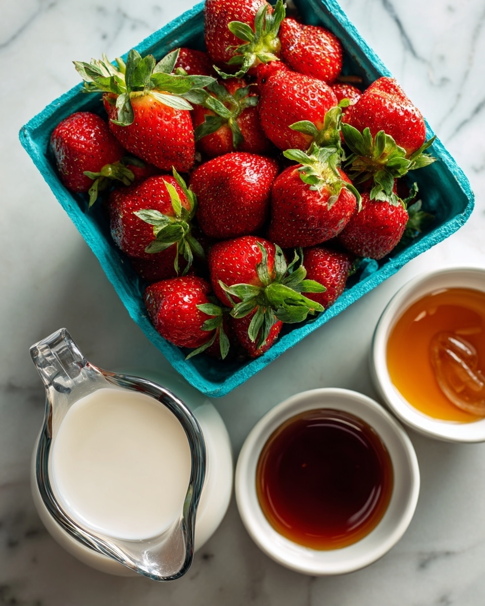 A bright blue carton filled with fresh red strawberries with green tops sits on a white marbled surface, next to a clear glass measuring cup filled with white coconut milk, and two small white bowls—one containing dark amber maple syrup and the other light brown vanilla extract, all arranged with clear labels above or beside each item, photo taken with an iphone --ar 4:5 --v 7