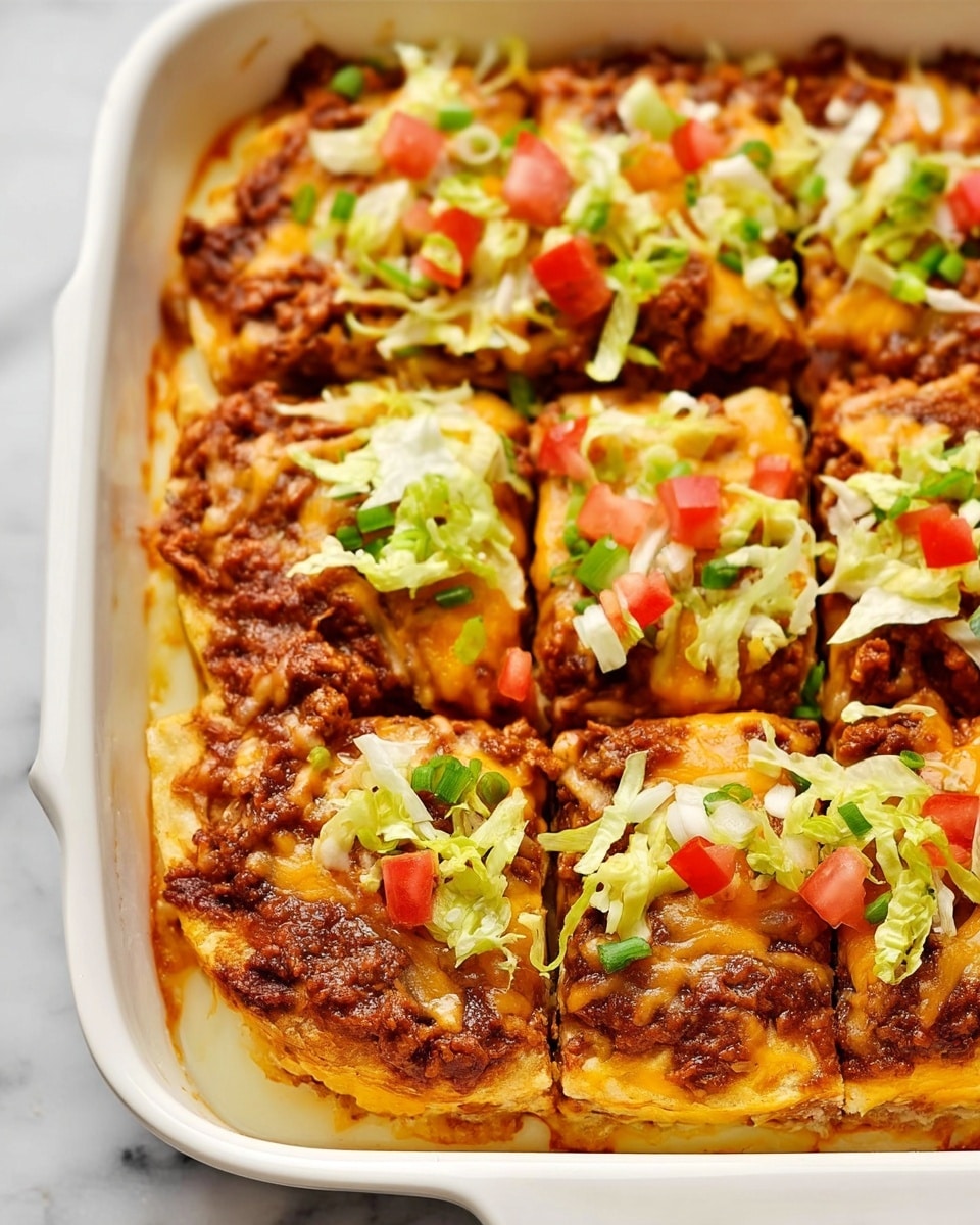 A white rectangular dish holds a layered baked casserole cut into nine square pieces. The bottom layer is a smooth, pale yellow creamy base. On top, there are two thick layers of shredded cheese and brown, slightly crispy cooked topping, likely a mix of cheese and meat sauce. The top layer is dotted with small pieces of red tomato, shredded green lettuce, and finely chopped green onions. The dish is on a white marbled surface. photo taken with an iphone --ar 4:5 --v 7