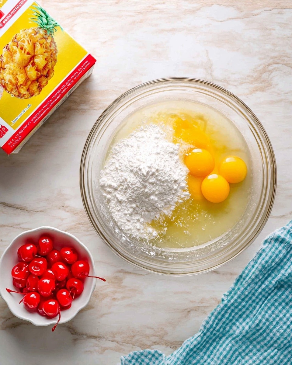 A large clear glass bowl sits on a white marbled surface. Inside the bowl, there are four cracked eggs with bright yellow yolks on the right side. A heap of white powder, likely flour or sugar, is in the center, creating a small mound, and the surrounding liquid mixture has a light yellow, slightly translucent appearance. To the left on the surface is a small white bowl filled with bright red maraschino cherries, each with a thin red stem. Above this, there is a yellow and red box with a pineapple upside-down cake image visible. On the lower right corner of the image, a folded blue and white checkered cloth is partially seen. photo taken with an iphone --ar 4:5 --v 7