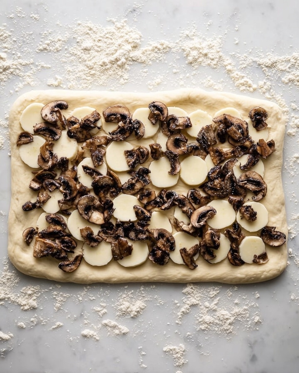 The image shows a rectangular piece of dough spread out on a white marbled surface, with light dusting of flour around it. On top of the dough, there are two layers: the first layer is made of evenly placed round slices of white cheese, covering most of the dough surface. The second layer is scattered with cooked mushroom pieces that are dark brown and have a rough texture, spread evenly over the cheese. photo taken with an iphone --ar 4:5 --v 7