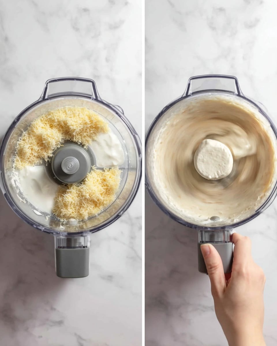 The image shows two side-by-side views of a clear food processor on a white marbled surface. On the left, a top-down view captures the inside with multiple layers: a pale yellow shredded ingredient on top center, white creamy textures around, and a woman’s hand pouring a clear liquid from a transparent measuring cup on the right side. On the right, the same food processor is spinning, blending the mixture into a smooth, creamy, light beige substance, with a woman’s hand adjusting the grey dial at the front. The background stays consistent with the white marbled texture. photo taken with an iphone --ar 4:5 --v 7