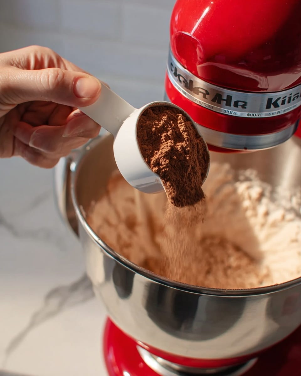 A woman's hand holding a white measuring cup filled with brown cocoa powder is pouring it into a shiny silver stand mixer bowl. The mixer, mostly red with a bit of silver, is spinning and mixing light beige batter inside the bowl. The scene is set on a white marbled surface with the focus on the action of adding cocoa powder to the batter. Photo taken with an iphone --ar 4:5 --v 7