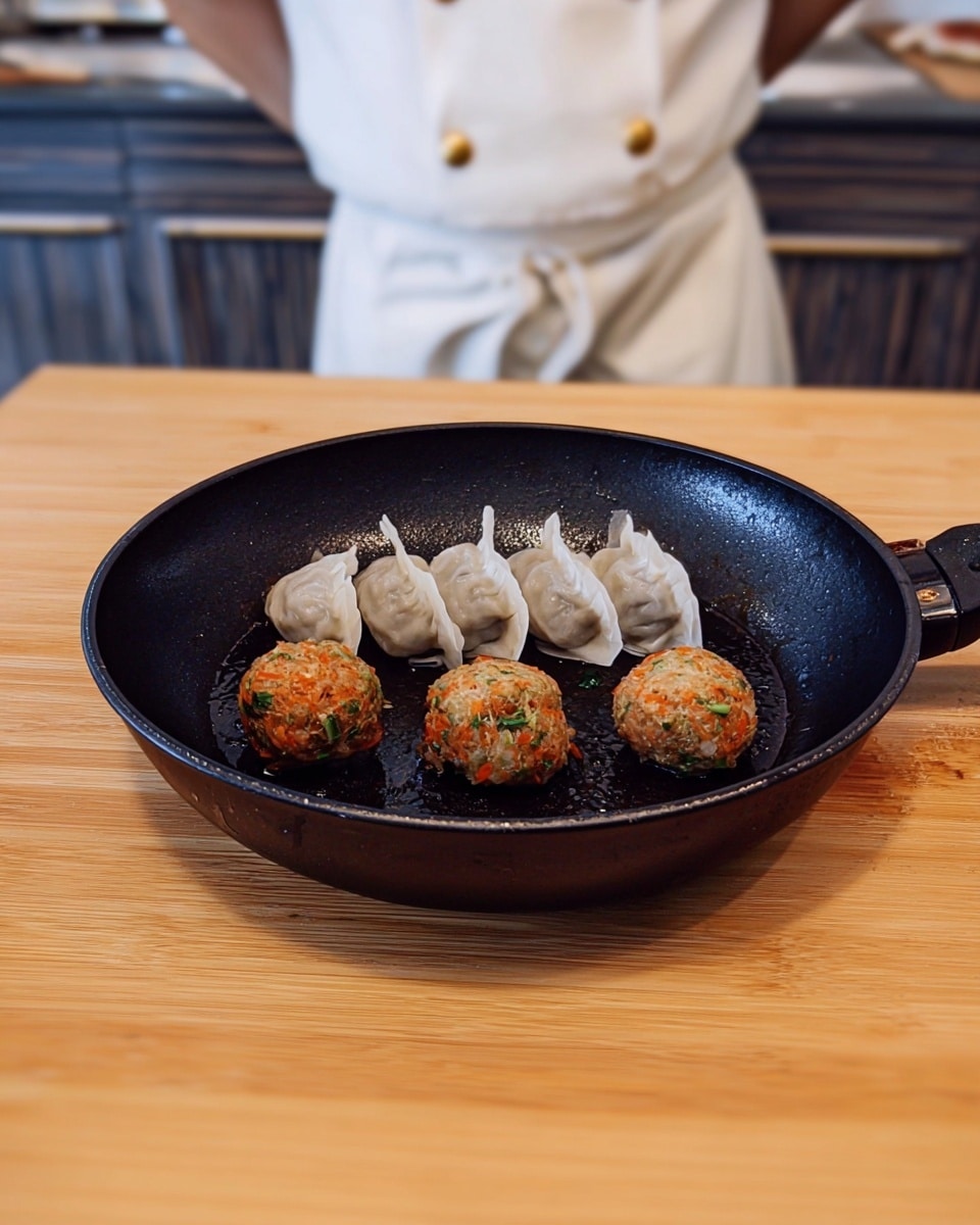 A black pan contains three white, thin, square-shaped dumplings placed in the middle in a vertical line. On each side of the dumplings are three round, textured balls of an orange and green mix, likely a vegetable or meat mixture. The pan is set on a wooden countertop, and in the background, a person wearing a white apron with gold buttons is visible. Photo taken with an iphone --ar 4:5 --v 7