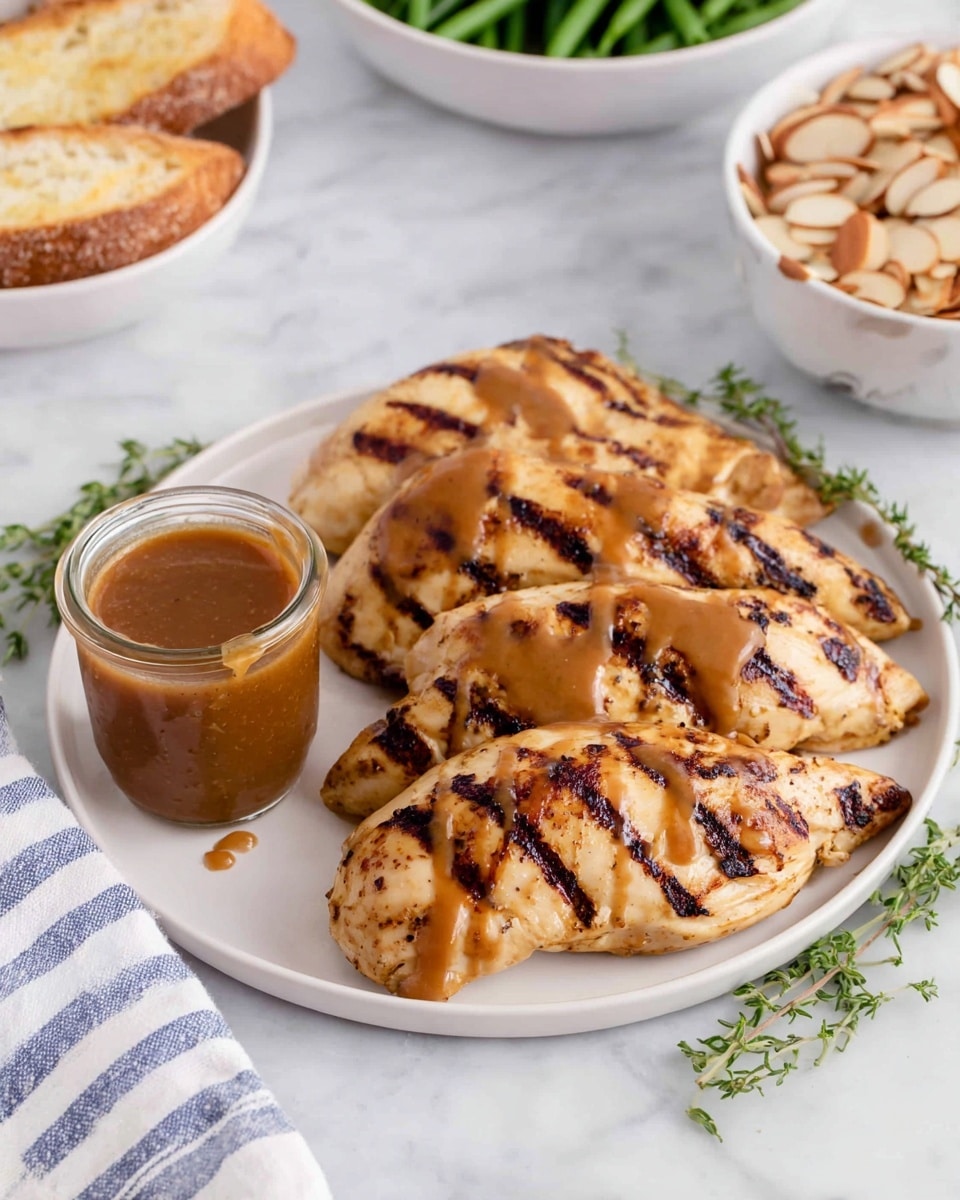 A white plate with six grilled chicken pieces arranged in two rows, each piece having clear brown grill marks and a light brown sauce drizzled on top. On the left side of the plate, there is a small glass jar filled with a thick brown sauce with a small drip on the jar’s edge. The plate is placed on a white marbled surface with sprigs of green herbs scattered around. In the background, slightly out of focus, there is a white bowl with green beans and slivered almonds on the right, and a white bowl with toasted sliced bread on the left, with a white and light blue striped fabric behind it. Photo taken with an iphone --ar 4:5 --v 7