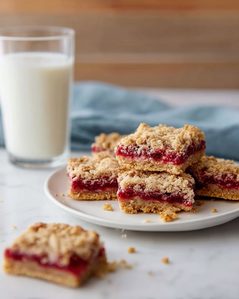 A white plate on a white marbled surface holds several square bars with three visible layers: a crumbly golden-brown oat topping, a bright red raspberry filling in the middle, and a golden-brown crumb crust base. Some crumbs are scattered around the plate and on the surface. In the background, a clear glass of milk stands tall with a soft wooden wall and a blue cloth behind it. One bar sits blurred in the foreground on the white marbled surface. photo taken with an iphone --ar 4:5 --v 7