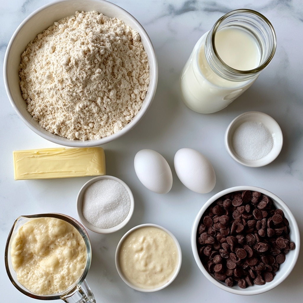 The image shows several ingredients arranged on a white marbled surface. A large white bowl filled with light beige bread flour is at the top left. To the right, there is a clear glass jar filled with whole milk. Below the flour bowl, a stick of unsalted butter with a yellow wrapper lies horizontally. A small white bowl next to it contains white granulated sugar. Near the center are two white eggs placed side by side. A small white bowl with salt sits to the top right of the eggs. Bottom center holds another small white bowl with a light creamy mixture labeled Tangzhong whole milk all-purpose flour. To the bottom right, a white bowl is filled with dark brown semi-sweet chocolate chips. At the far left, a clear glass measuring cup contains a bubbly beige sweet stiff levain. All items are clearly labeled, arranged neatly on the surface. Photo taken with an iphone --ar 4:5 --v 7