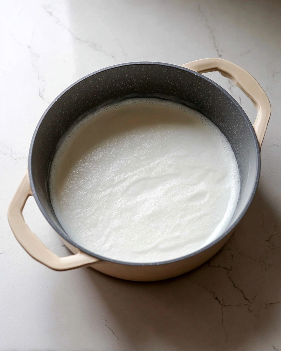 A light beige cooking pot with two handles is placed on a white marbled surface. Inside the pot is a single thick layer of white foamy liquid with some small bubbles around the edges. The texture looks soft and smooth, evenly spread across the bottom of the pot. The pot’s inside is a dark matte gray color which contrasts with the white foam layer. Photo taken with an iphone --ar 4:5 --v 7