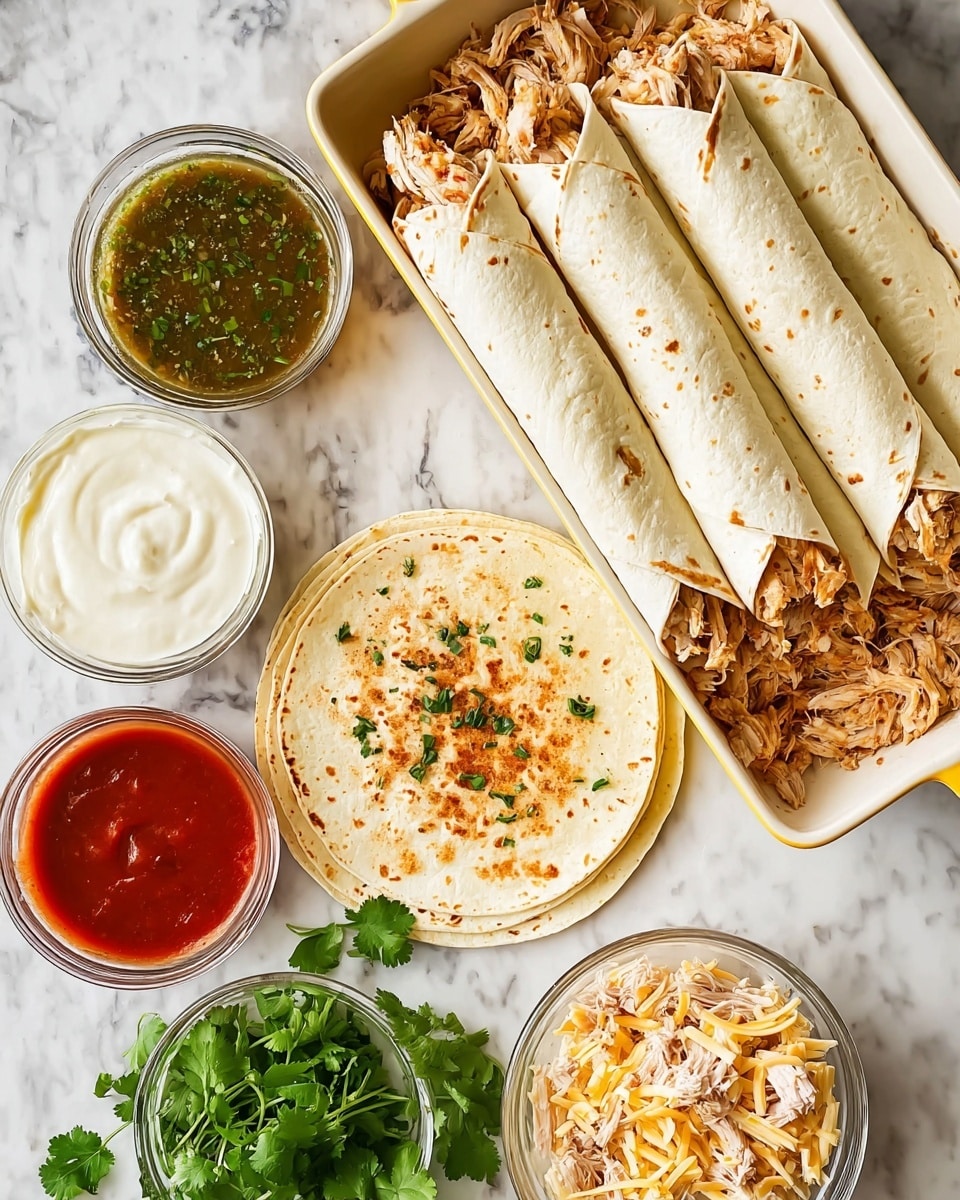 The image shows four rolled tortillas placed side by side in a white baking dish with a yellow handle, each filled with shredded seasoned chicken and herbs. Below the dish, there are three unrolled tortillas stacked on a white marbled surface, one topped with some shredded chicken and herbs. To the left, there are three small round bowls with different contents: a white creamy sauce, a green salsa, and a red salsa. Fresh green cilantro leaves are also placed near these bowls. Below the cilantro, there is a clear glass bowl filled with shredded chicken mixed with some cheese and seasoning, and to the right of it, another clear bowl contains shredded cheese. The photo is taken with an iphone --ar 4:5 --v 7