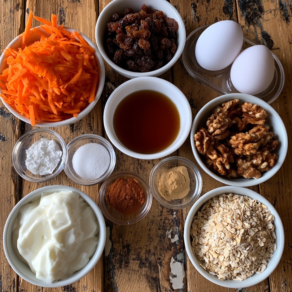 The image shows a top view of various small white bowls placed on a rustic wooden table with a worn texture, each filled with different baking ingredients. From top left, there is a bowl of bright orange shredded carrots, followed by a bowl of dark brown raisins. To the right, there are two white egg-shaped eggs sitting in clear round holders. Below these, a bowl contains walnut halves with a rich brown color. Near the center, there is a bowl filled with dark amber maple syrup. Small glass bowls nearby contain white baking powder powder, white salt, reddish-brown cinnamon powder, and light brown ginger powder. At the bottom left, a bowl is filled with creamy white Greek yogurt with a smooth texture. On the bottom right, a white bowl holds a heap of rolled oats with a light beige color. The bowls are arranged neatly with clear labels identifying each ingredient written in black text inside white rounded rectangles. photo taken with an iphone --ar 4:5 --v 7