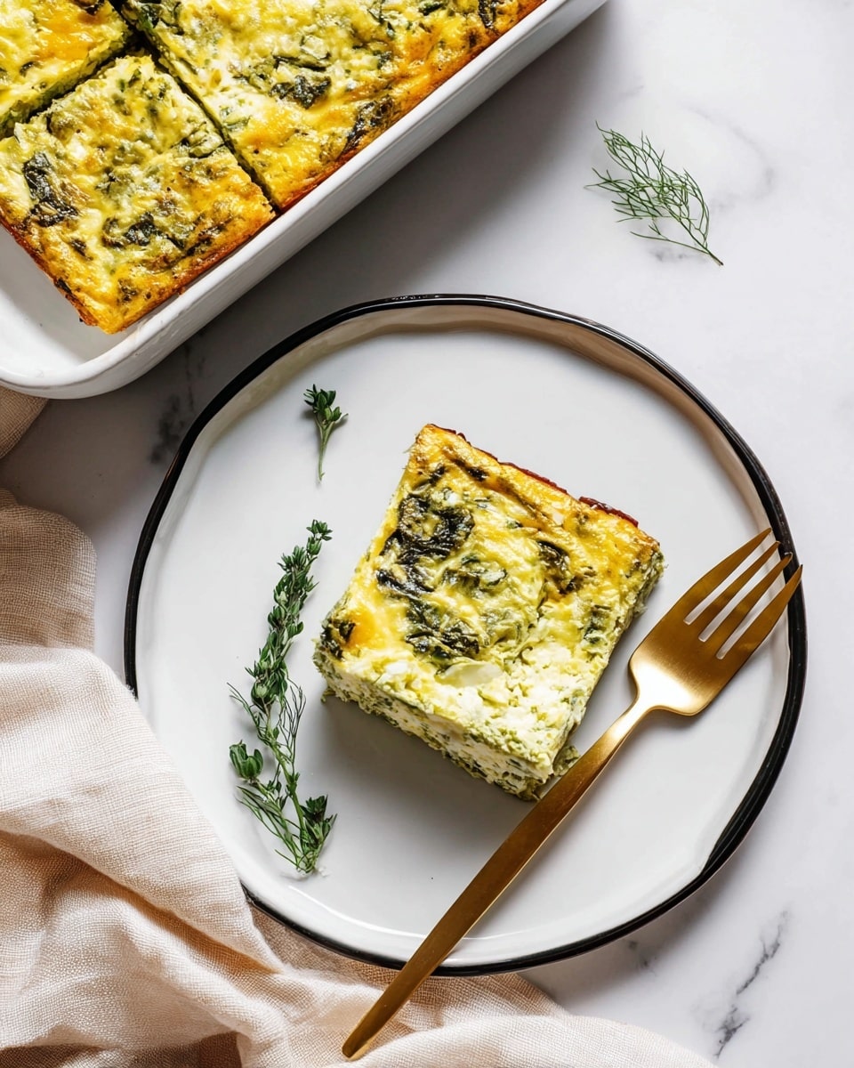 A square piece of baked egg dish sits in the center of a white plate with a thin black edge, showing a mix of yellow and green colors from eggs and herbs. The top layer has a soft, slightly uneven texture with visible leafy greens. Next to the slice is a small green herb sprig for garnish and a gold fork lying upright along the right side of the plate. In the upper left part of the image, a white baking dish holds the larger rest of the egg dish, with sections cut out. The scene is set on a white marbled surface, with a soft beige cloth at the lower right edge. Photo taken with an iphone --ar 4:5 --v 7