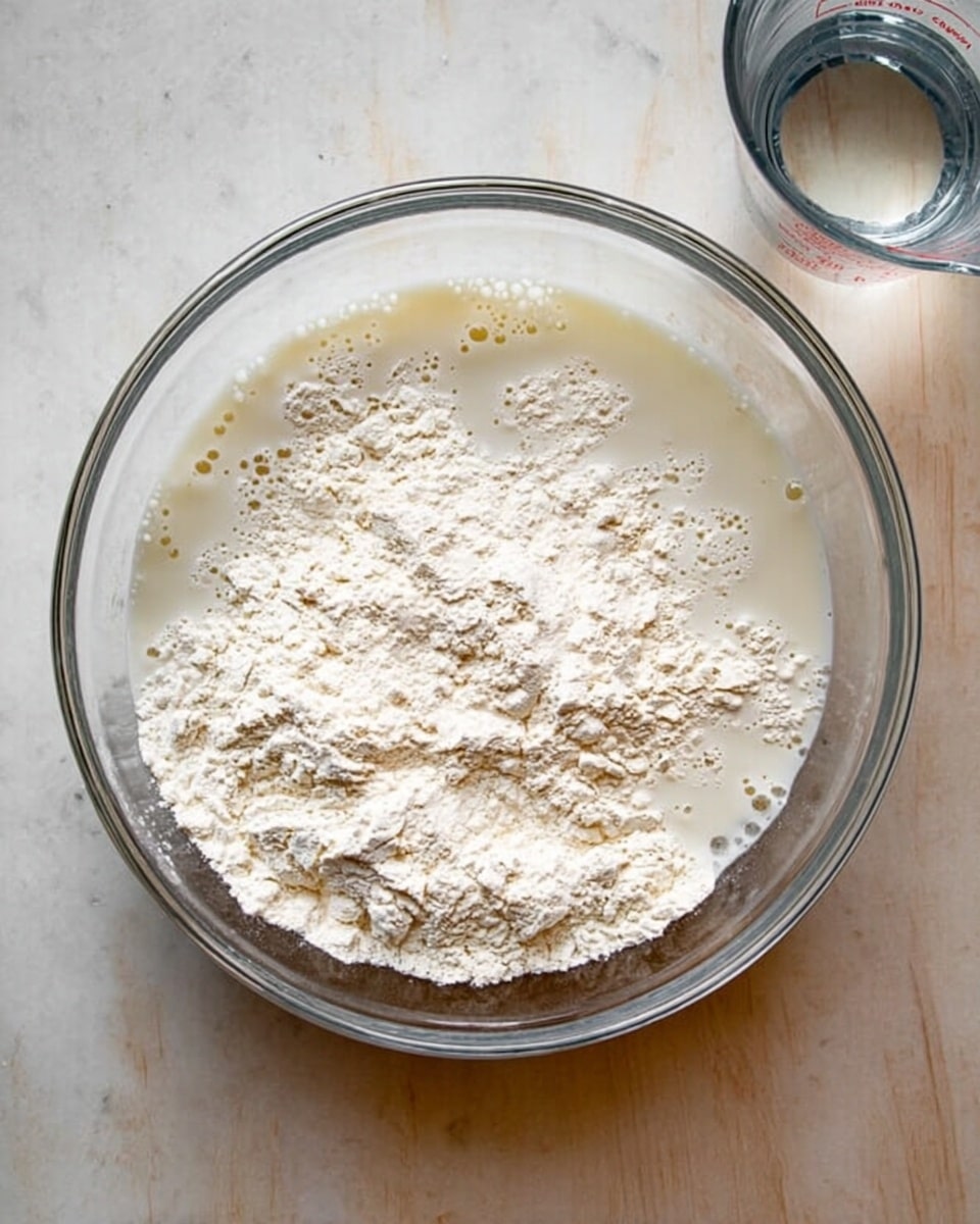 A clear glass bowl on a white marbled surface holds a pale, uneven mixture of white flour and milk. The flour is dry and powdery in some parts, floating on the liquid, while small bubbles form along the edges where the liquid meets the flour. On the top right, a measuring cup with clear liquid is partially visible. photo taken with an iphone --ar 4:5 --v 7