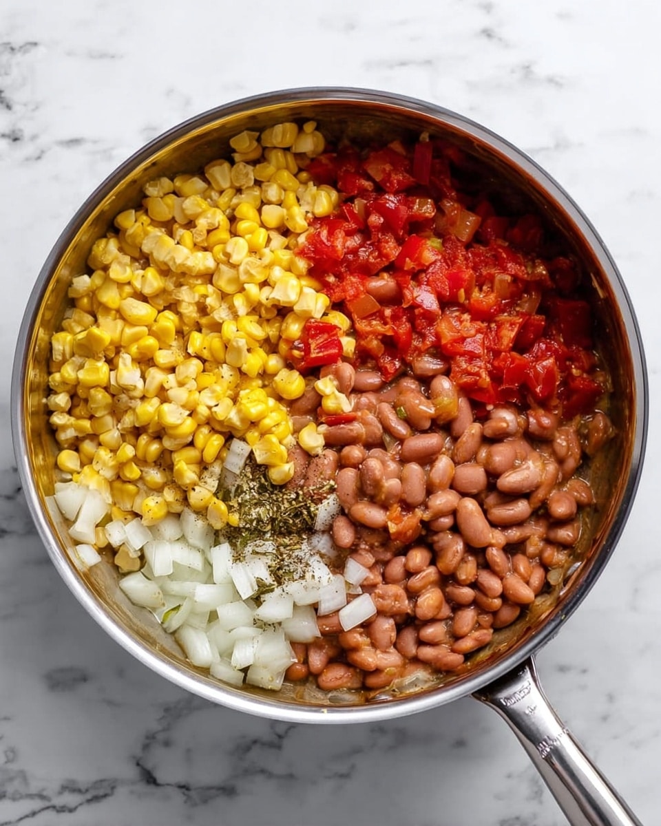 A shiny silver pan holds four distinct layers of ingredients arranged in separate sections: bright yellow corn kernels fill the top half, small diced white onions with specks of black pepper sit in the right lower corner, reddish-brown cooked beans occupy the center lower part, and finely chopped red tomatoes mixed with small green pieces cover the left side. The pan rests on a white marbled surface, with the handle extending to the left side of the image. Photo taken with an iphone --ar 4:5 --v 7