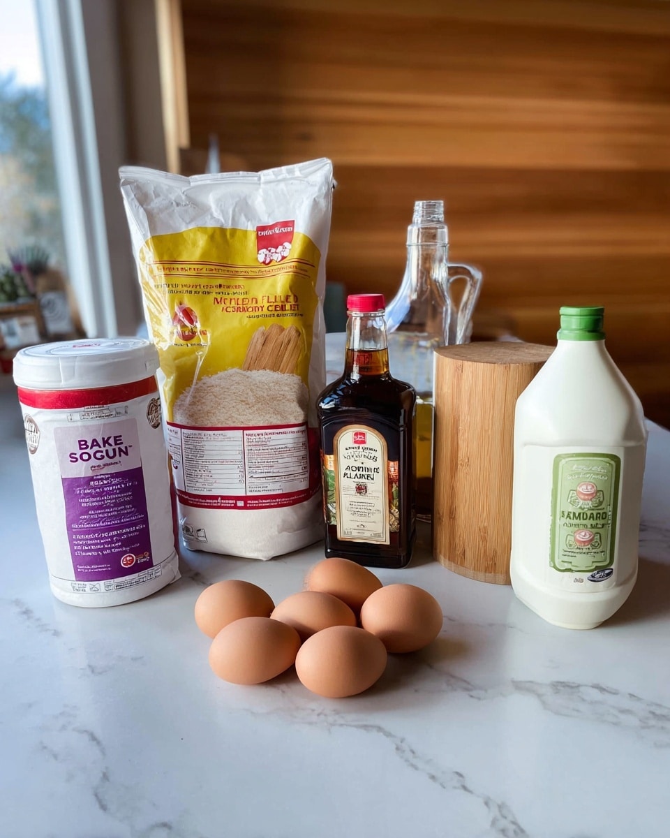 The image shows a kitchen counter with a white marbled surface and a wooden textured wall in the background. On the counter, from left to right, there is a white bag of baking soda with purple and red accents, next to a large white bag of almond flour with yellow and brown colors. To the right of the flour is a glass bottle of apple cider vinegar with a red label. Next to that is a white and wood-colored container of olive oil. On the far right, there is a white plastic bottle of maple syrup with a green cap. In front of these items, there are six brown eggs scattered on the white marble surface. The setting is well-lit with natural light and organized neatly. photo taken with an iphone --ar 4:5 --v 7