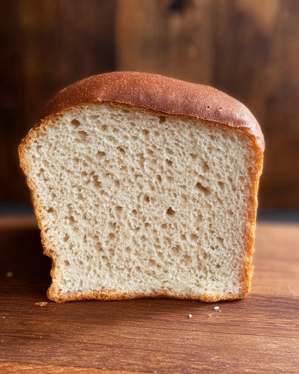 The image shows a thick slice of light brown bread with a smooth, slightly shiny crust on top. The bread’s inside is pale beige with a fine, even texture full of tiny holes, looking soft and airy. The slice is resting on a wooden surface with a warm tone, and the background is blurred with a brownish wooden texture. The bread has a simple, natural look, highlighting its soft and fresh nature. photo taken with an iphone --ar 4:5 --v 7