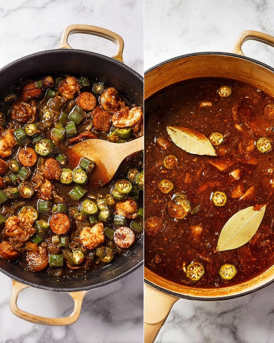 The image shows two black pots on a white marbled surface, each pot filled with different stages of cooking a dish. The pot on the left contains a mixture of browned round sausage slices, chopped okra, and tender pieces of chicken, all cooked together with a rich, dark sauce that coats each ingredient, and a wooden spoon resting inside it. The pot on the right holds a thick, reddish-brown broth with small slices of okra floating on the surface along with two light brown bay leaves, showing a simmering sauce or stew base. Both pots have tan handles and are placed side by side. Photo taken with an iphone --ar 4:5 --v 7