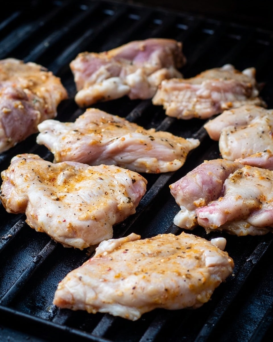 Several pieces of raw chicken marinated with light spices and pepper are placed on a black grill. There are about seven pieces varying in size and shape, with a pale pinkish-white tone mixed with slight golden brown from the marination and heat. The chicken pieces have a moist texture with some areas showing smooth skin and others slightly wrinkled with visible seasoning. The grill bars run horizontally and are black and slightly shiny, contrasting with the pale chicken. The background shows a dark grill surface. photo taken with an iphone --ar 4:5 --v 7